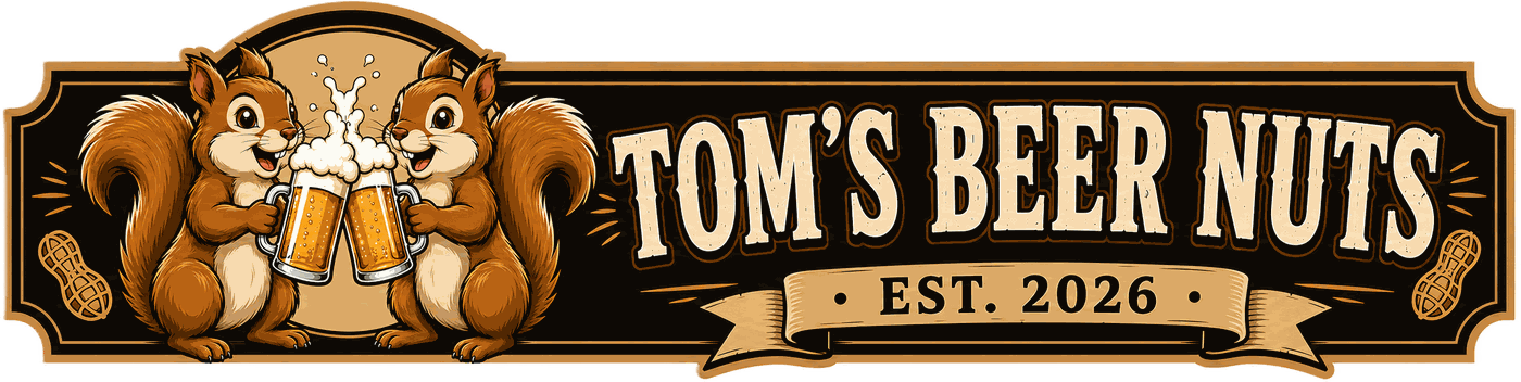 Tom's Beer Nuts, est. 2026 — two squirrels cheersing beers
